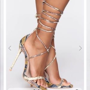 Fashion nova, strappy snake skin heels